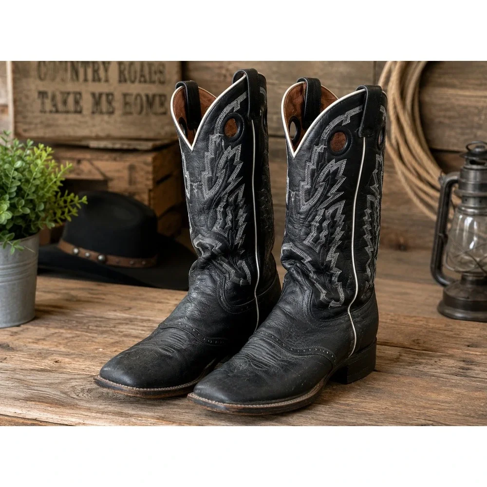 Rocky Cowboy Western Boots Mens 11 M Black Leather Square Toe Embroidered 5021